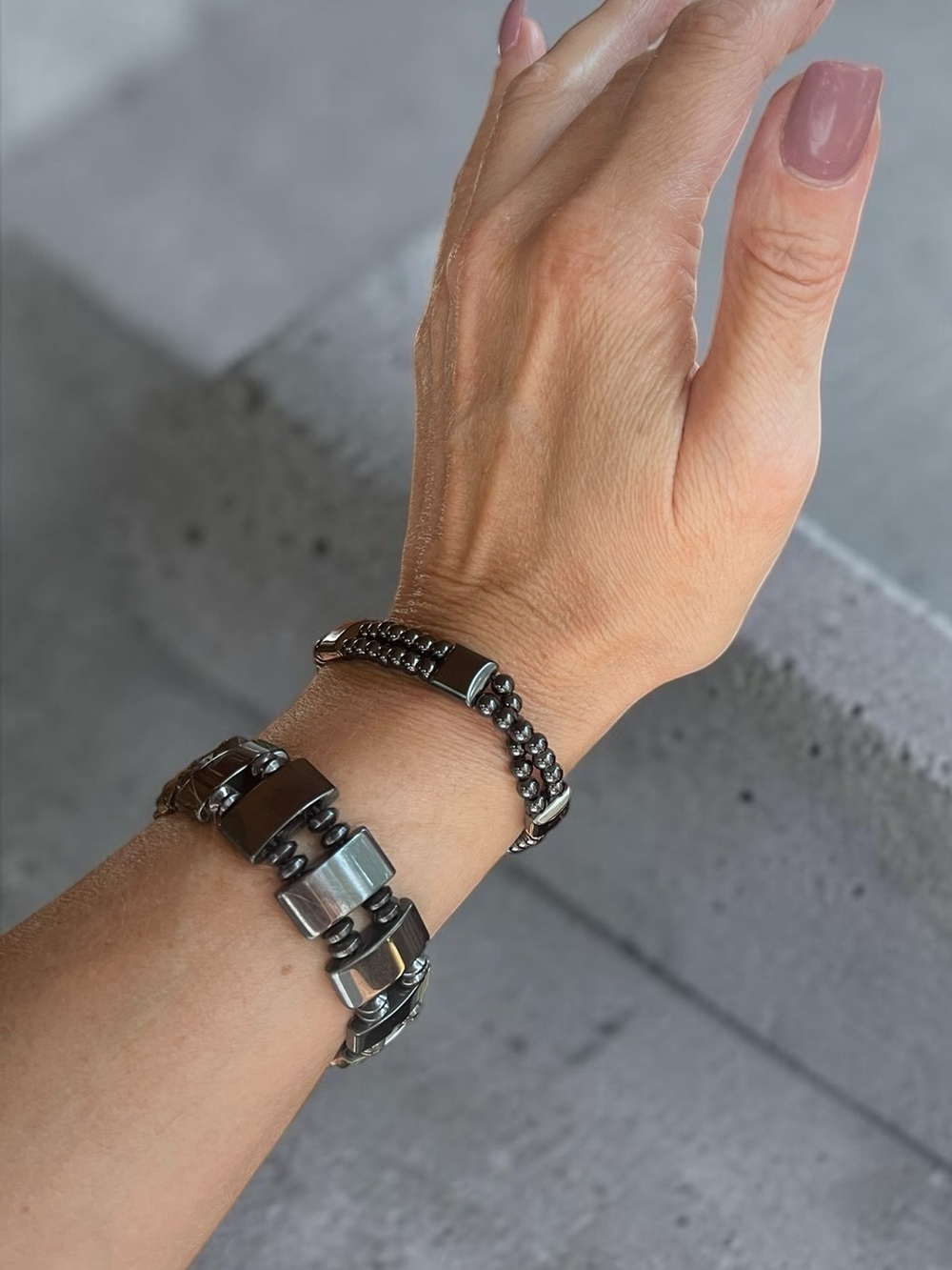 Hematite Bead Stretch Bracelet Set Industrial Modern